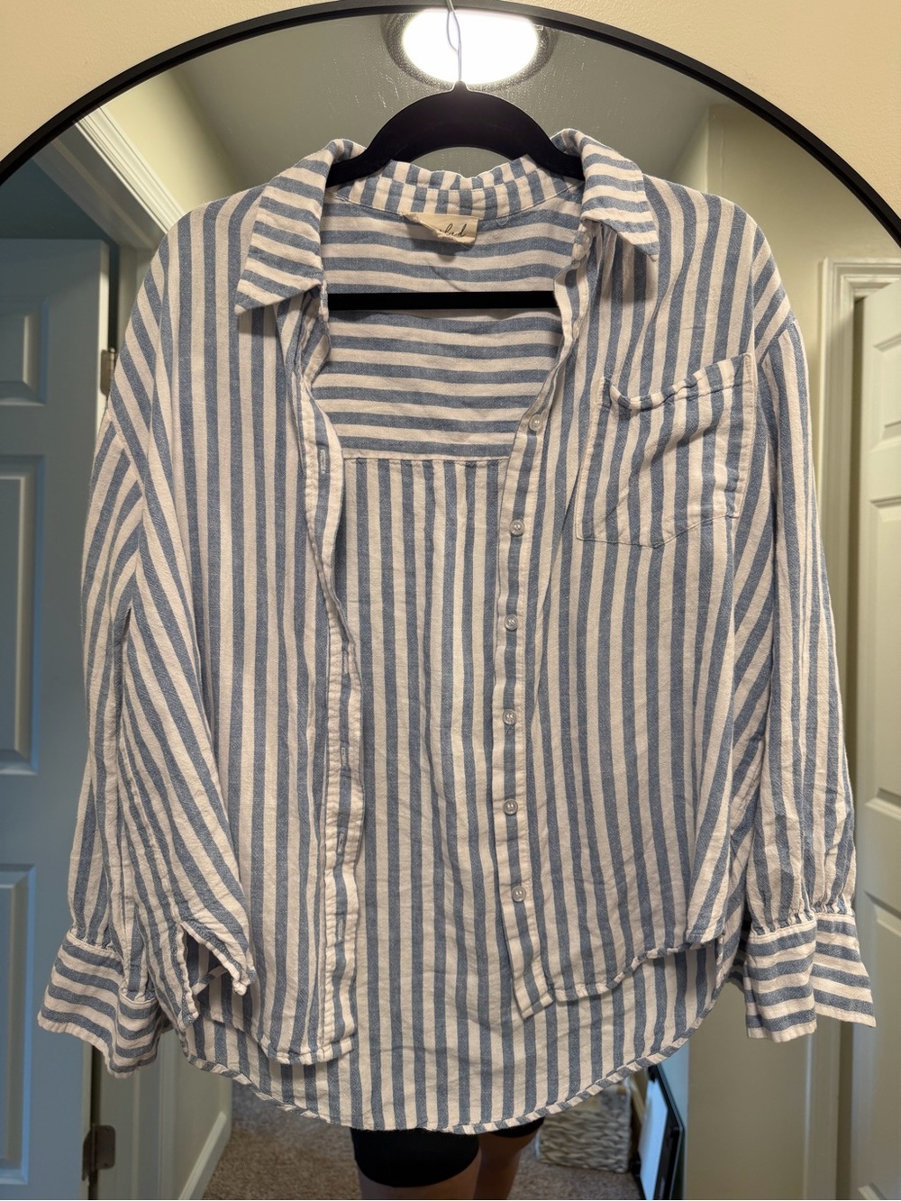 Marled Blue & White Striped Button Down Shirt Linen Blend Look